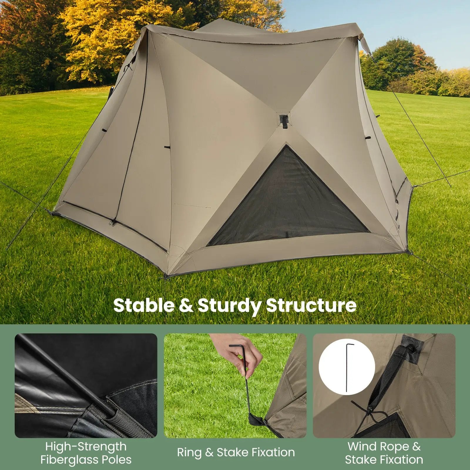 6-Sided Pop-up Family Tent with Rainfly Skylight 3 Doors 3 Windows-Green by DirectDeals