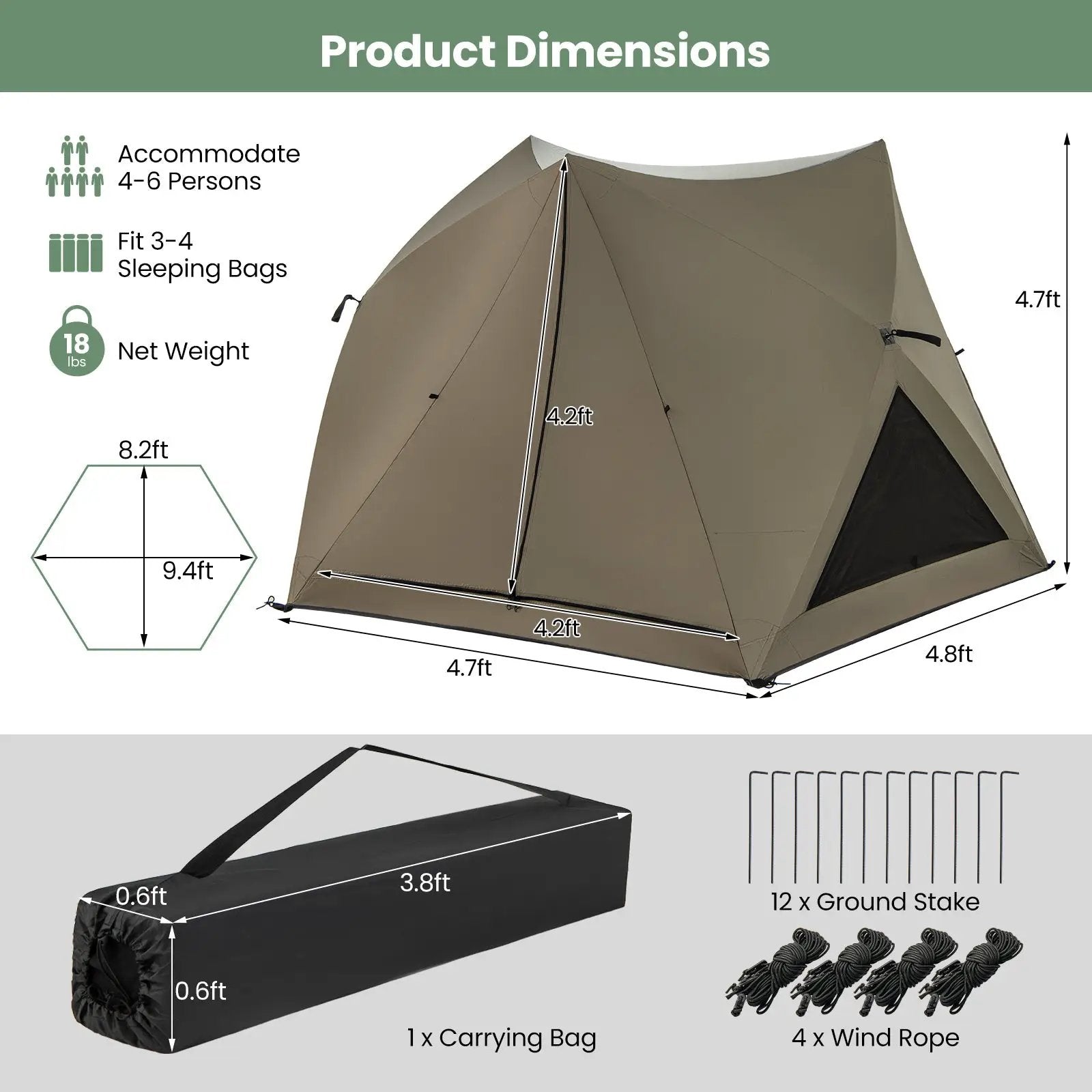 6-Sided Pop-up Family Tent with Rainfly Skylight 3 Doors 3 Windows-Green by DirectDeals