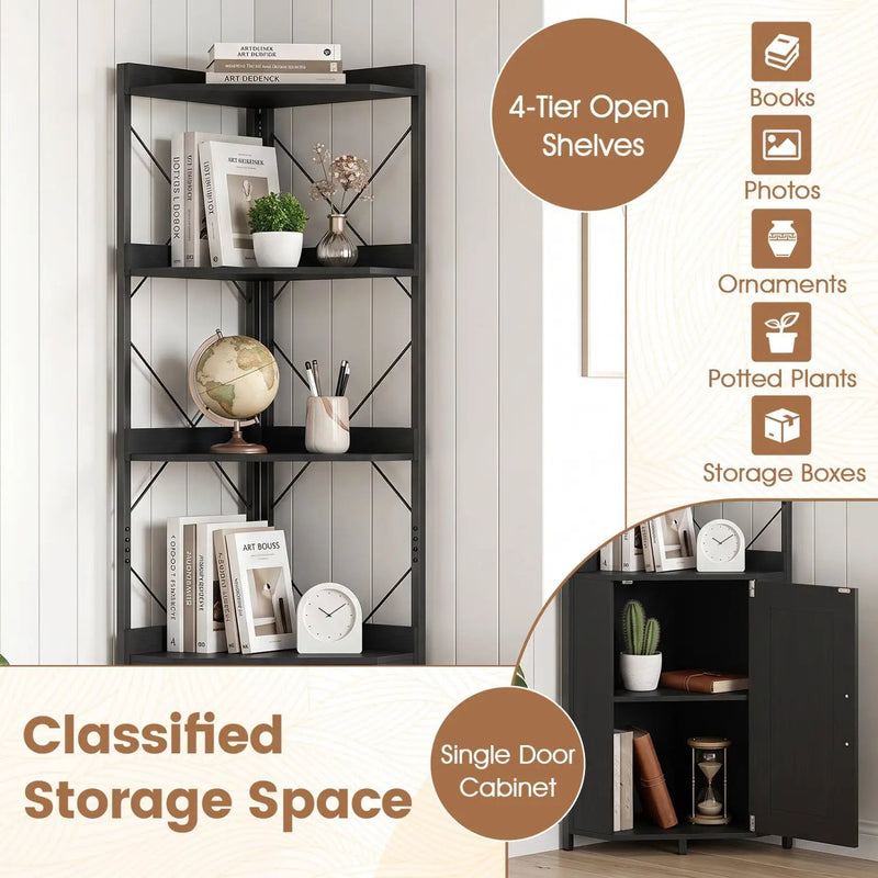 6-Tier Corner Bookshelf with Cabinet 71" Tall Metal Frame by DirectDeals