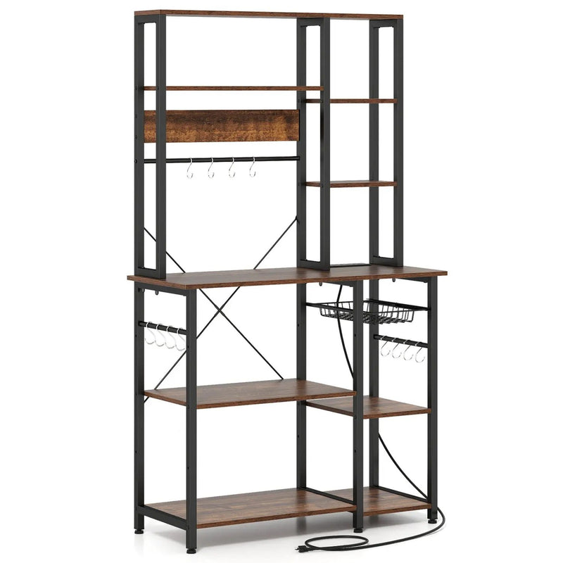 6-Tier Bakers Rack with Power Outlet Stand Wooden Open Shelves by DirectDeals