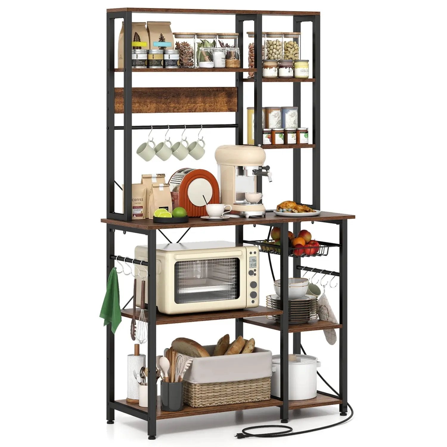 6-Tier Bakers Rack with Power Outlet Stand Wooden Open Shelves by DirectDeals