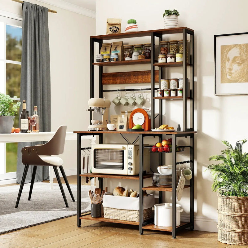 6-Tier Bakers Rack with Power Outlet Stand Wooden Open Shelves by DirectDeals