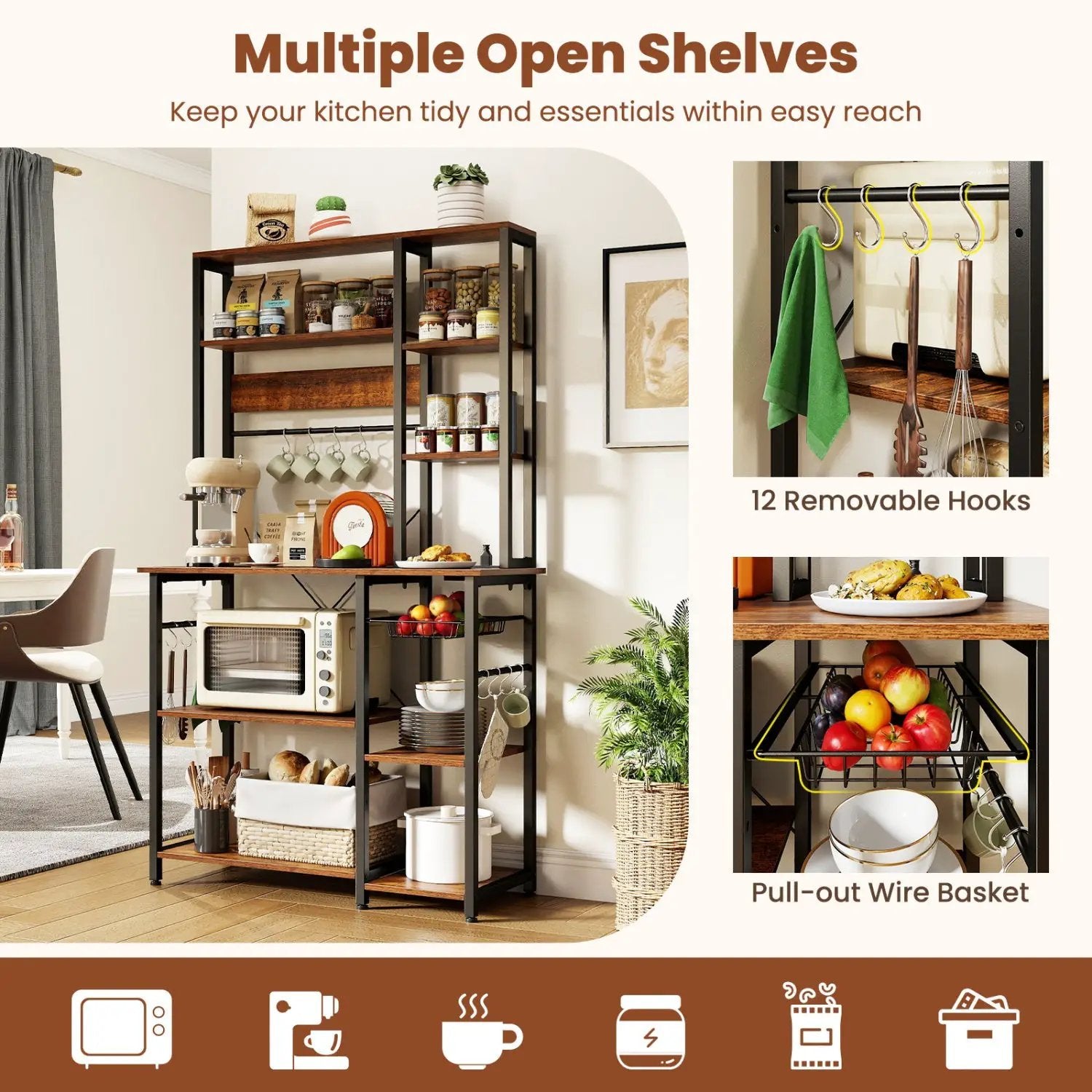 6-Tier Bakers Rack with Power Outlet Stand Wooden Open Shelves by DirectDeals