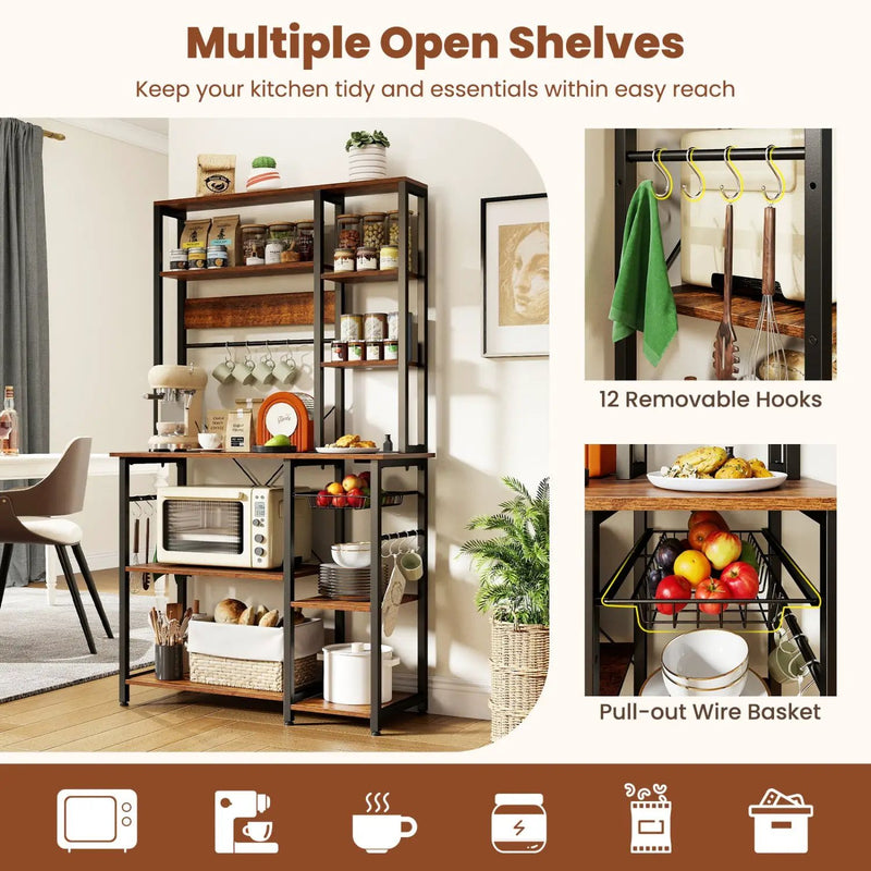 6-Tier Bakers Rack with Power Outlet Stand Wooden Open Shelves by DirectDeals