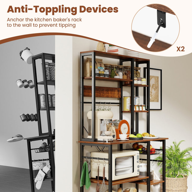 6-Tier Bakers Rack with Power Outlet Stand Wooden Open Shelves by DirectDeals