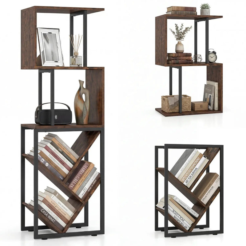 6-Tier Bookshelf Floor Standing Tree S-Shaped Geometric Bookcase with Open Shelves-Brown by DirectDeals