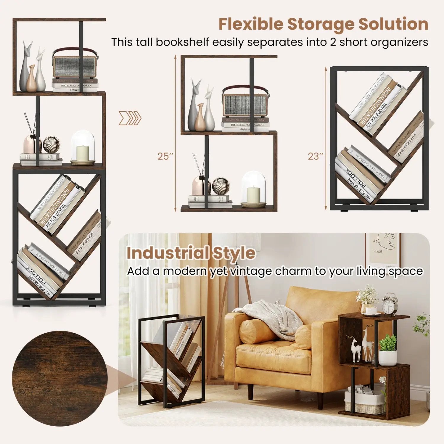 6-Tier Bookshelf Floor Standing Tree S-Shaped Geometric Bookcase with Open Shelves-Brown by DirectDeals