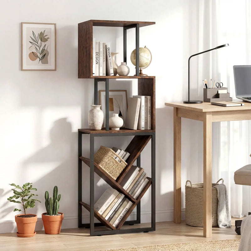 6-Tier Bookshelf Floor Standing Tree S-Shaped Geometric Bookcase with Open Shelves-Brown by DirectDeals