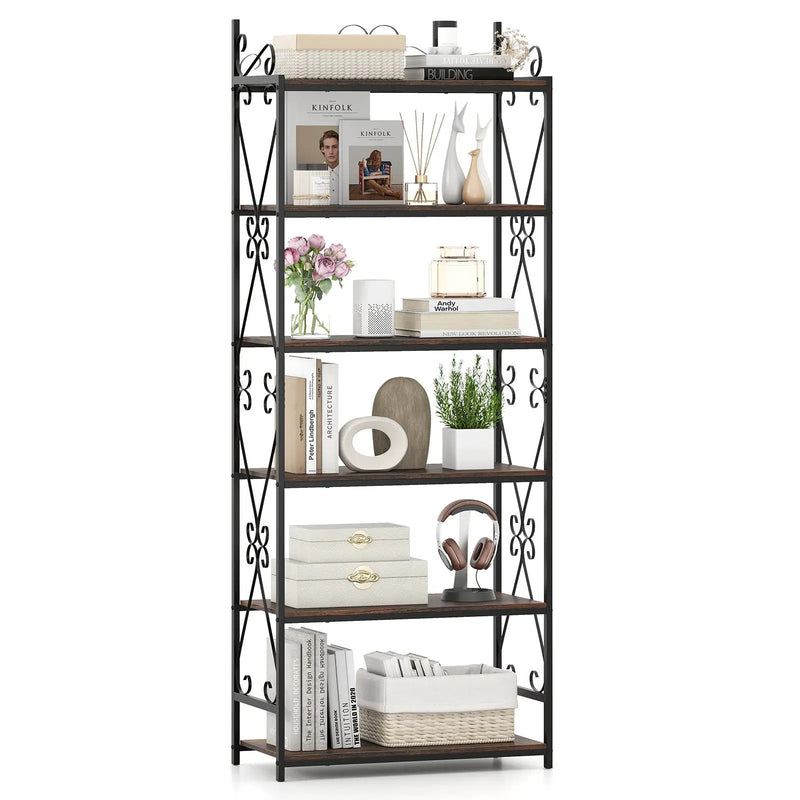 6-Tier Bookshelf Industrial Bookcase with 2 Anti-Tipping Kits and Metal Frame-Rustic Brown by DirectDeals