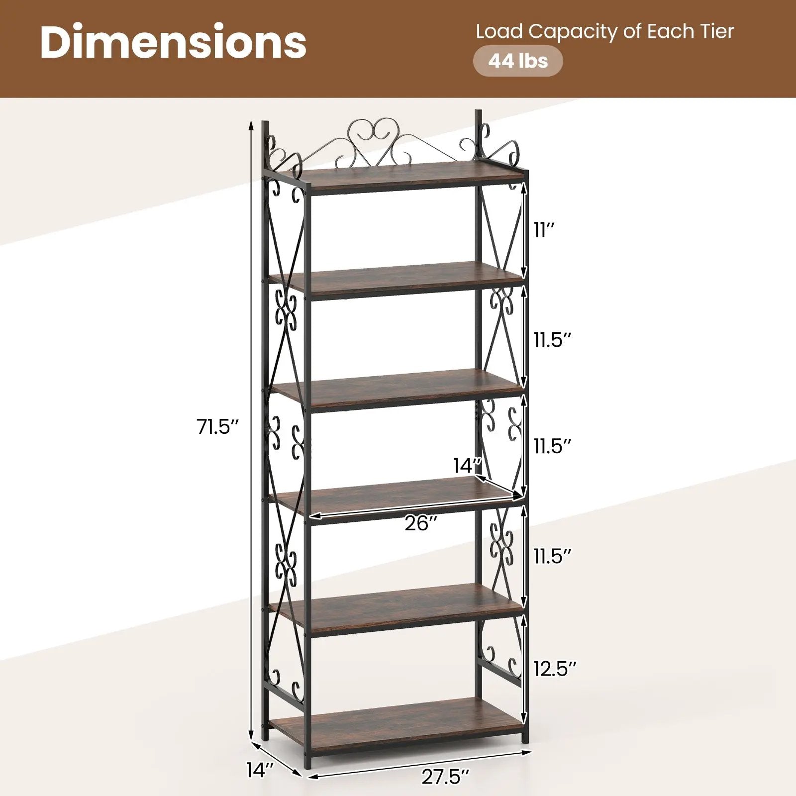 6-Tier Bookshelf Industrial Bookcase with 2 Anti-Tipping Kits and Metal Frame-Rustic Brown by DirectDeals