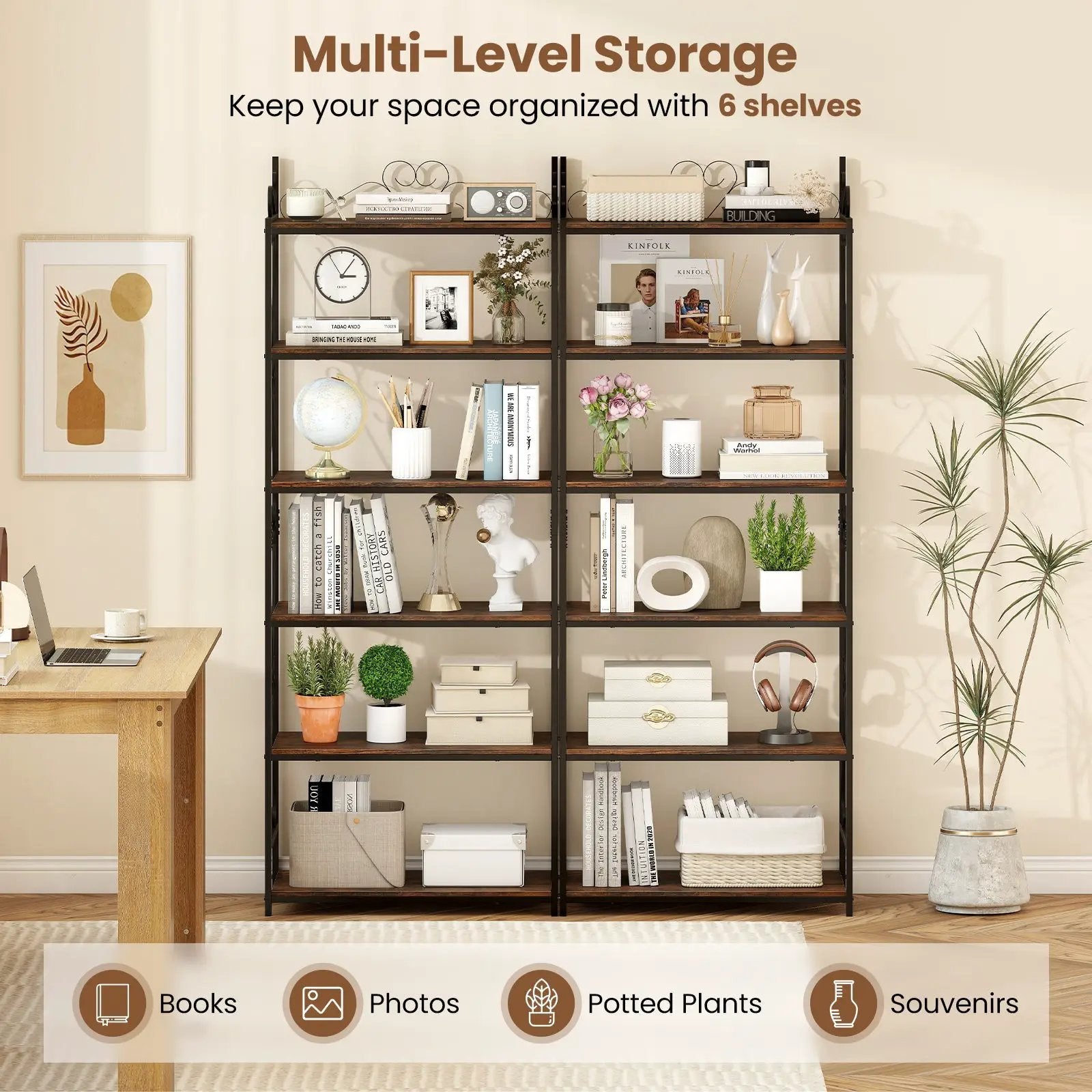6-Tier Bookshelf Industrial Bookcase with 2 Anti-Tipping Kits and Metal Frame-Rustic Brown by DirectDeals
