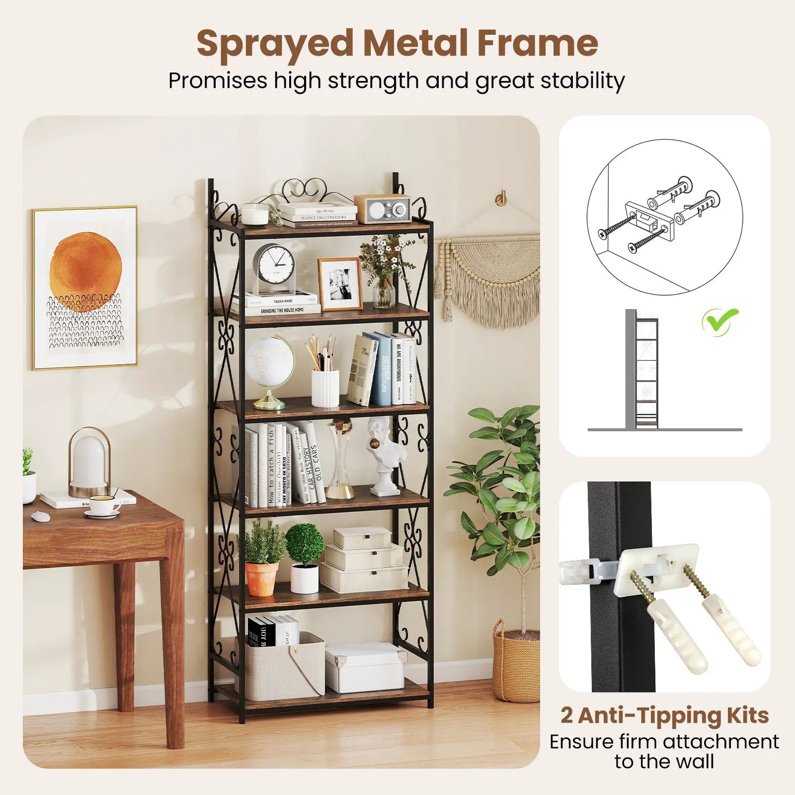 6-Tier Bookshelf Industrial Bookcase with 2 Anti-Tipping Kits and Metal Frame-Rustic Brown by DirectDeals
