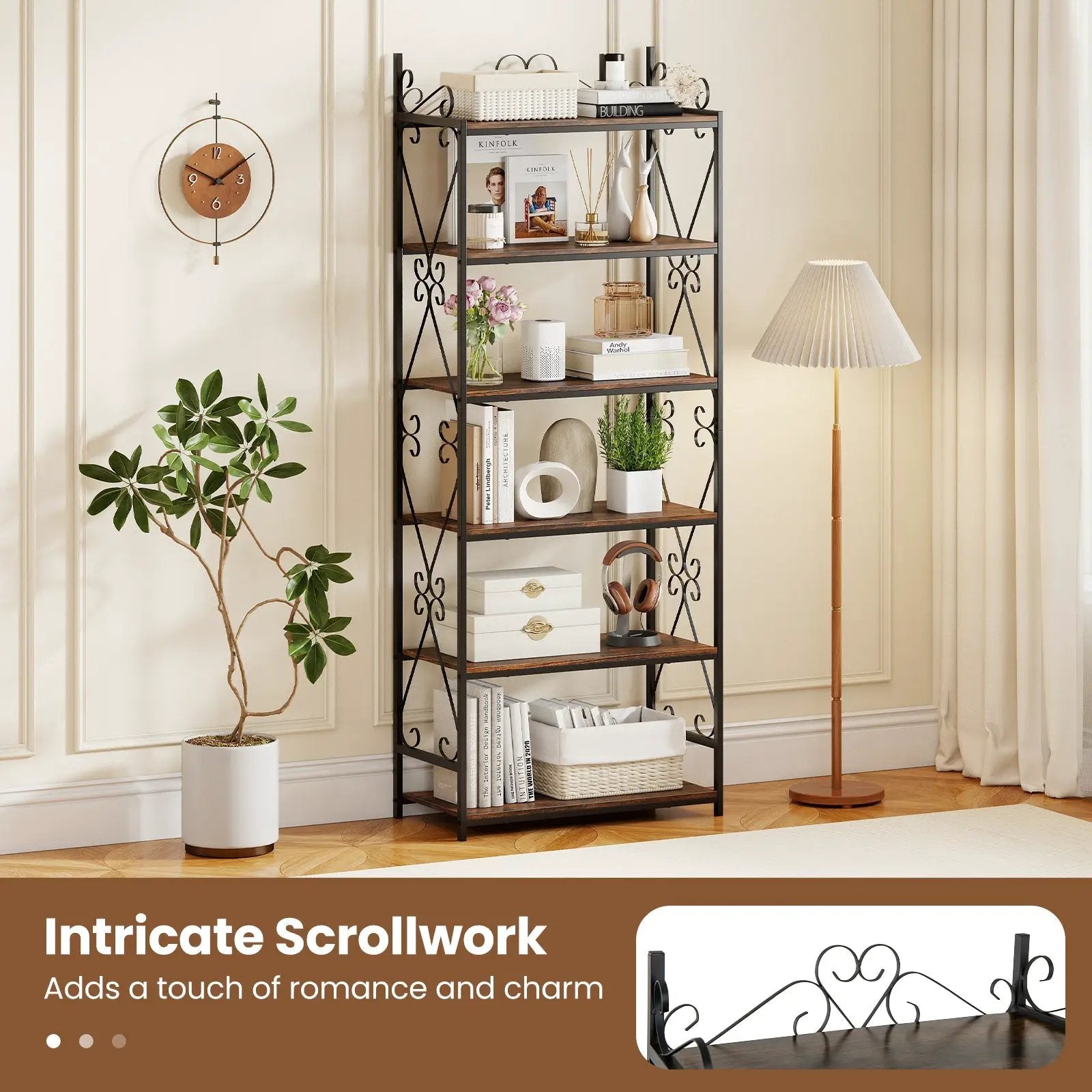 6-Tier Bookshelf Industrial Bookcase with 2 Anti-Tipping Kits and Metal Frame-Rustic Brown by DirectDeals