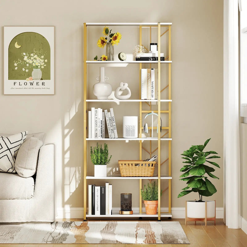 6-Tier Bookshelf Modern Geometric Bookcase with Heavy-duty Metal Frame and Anti-tipping Kits by DirectDeals