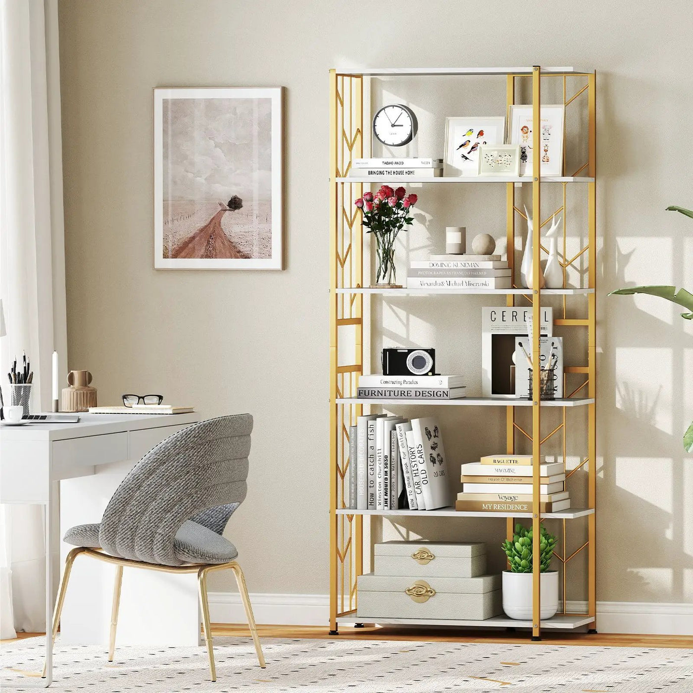 6-Tier Bookshelf Modern Geometric Bookcase with Heavy-duty Metal Frame and Anti-tipping Kits by DirectDeals