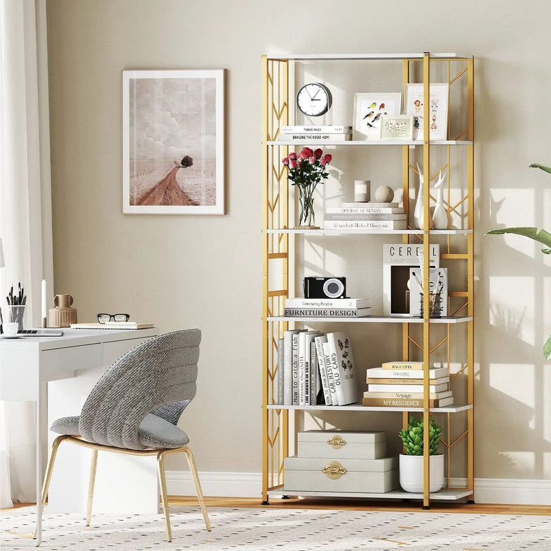 6-Tier Bookshelf Modern Geometric Bookcase with Heavy-duty Metal Frame and Anti-tipping Kits by DirectDeals