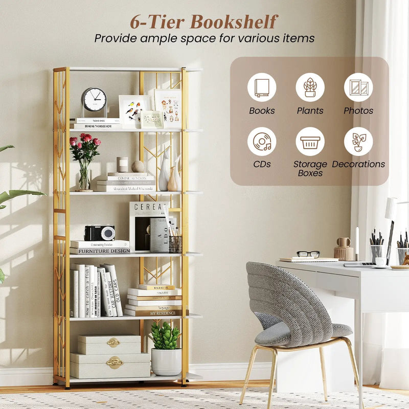 6-Tier Bookshelf Modern Geometric Bookcase with Heavy-duty Metal Frame and Anti-tipping Kits by DirectDeals