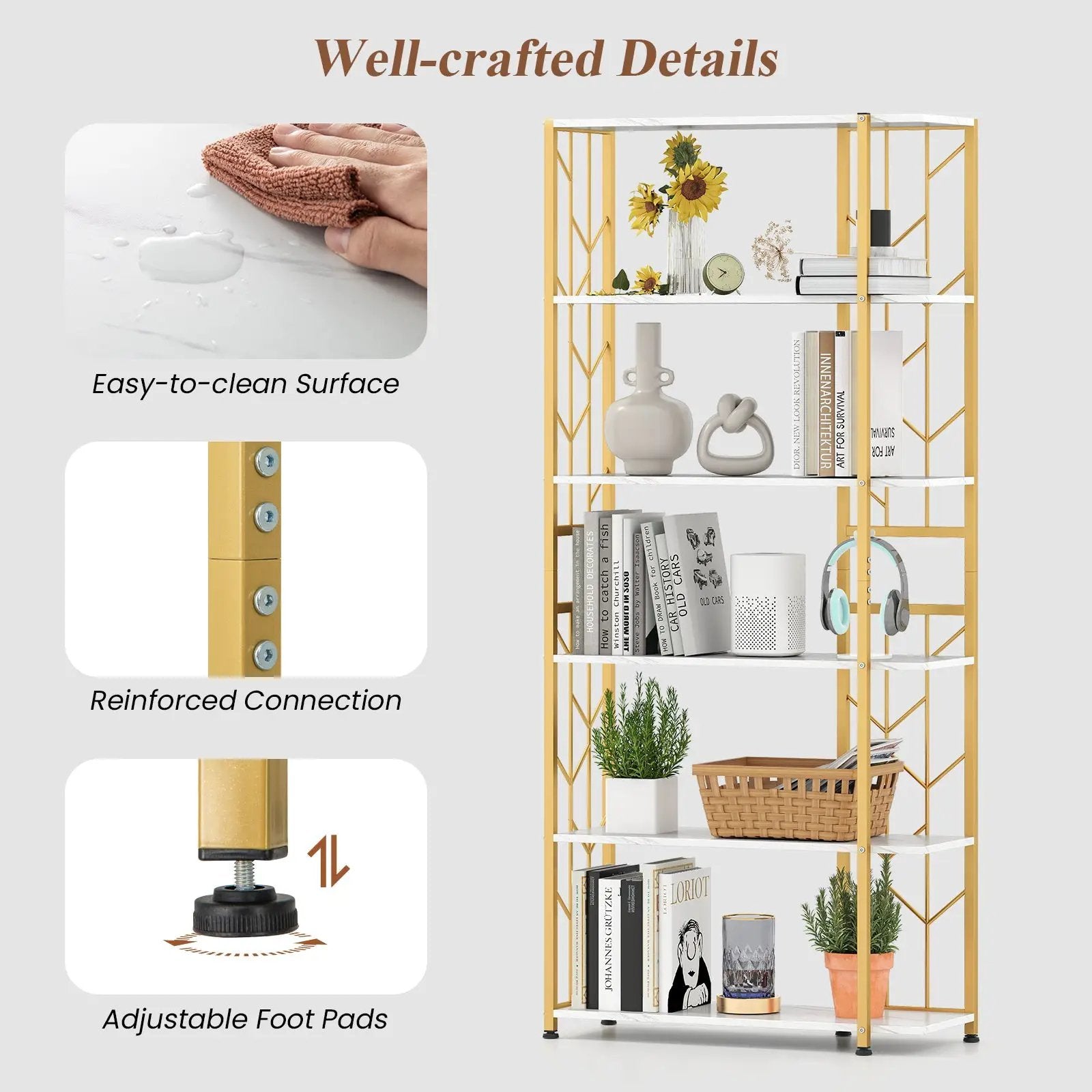 6-Tier Bookshelf Modern Geometric Bookcase with Heavy-duty Metal Frame and Anti-tipping Kits by DirectDeals