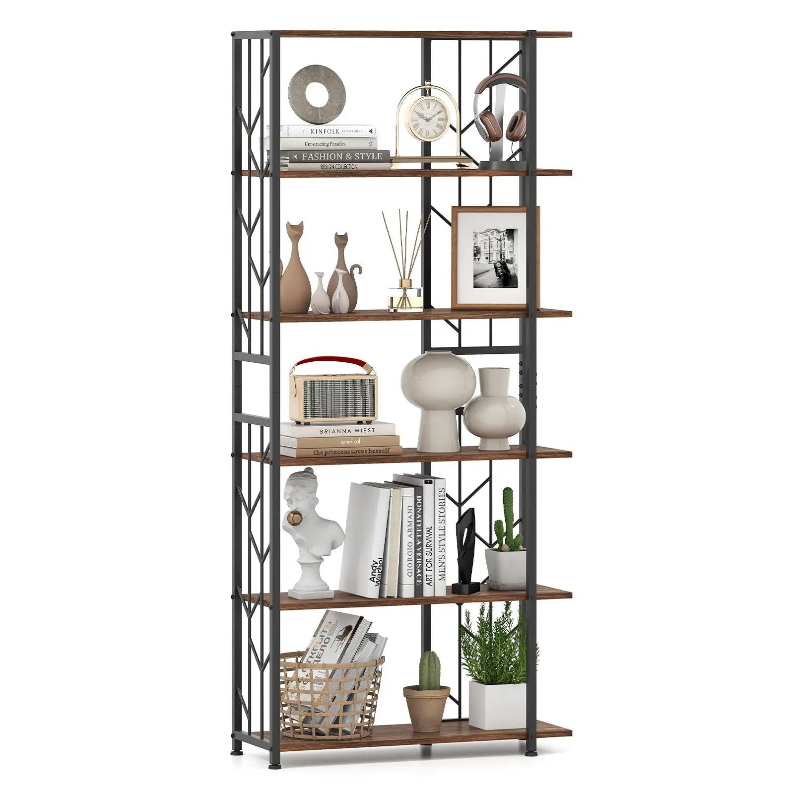 6-Tier Bookshelf Modern Geometric Bookcase with Heavy-duty Metal Frame and Anti-tipping Kits by DirectDeals
