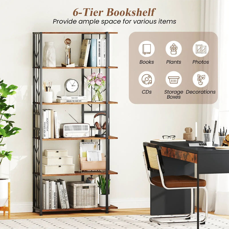 6-Tier Bookshelf Modern Geometric Bookcase with Heavy-duty Metal Frame and Anti-tipping Kits by DirectDeals
