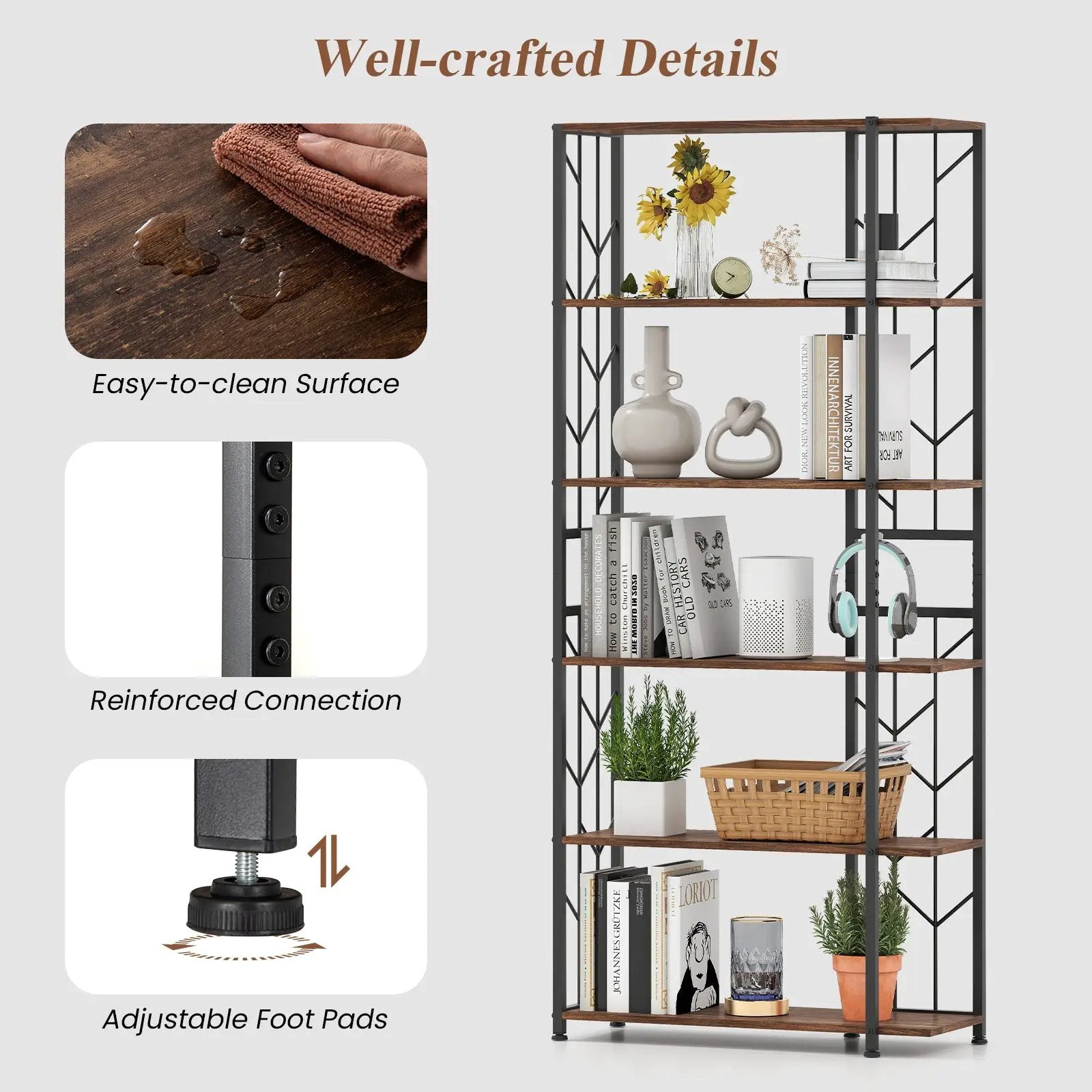 6-Tier Bookshelf Modern Geometric Bookcase with Heavy-duty Metal Frame and Anti-tipping Kits by DirectDeals