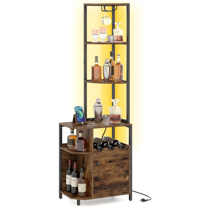 6-Tier Corner Bar Cabinet with LED Lights and Charging Station for Kitchen-Rustic Brown by DirectDeals