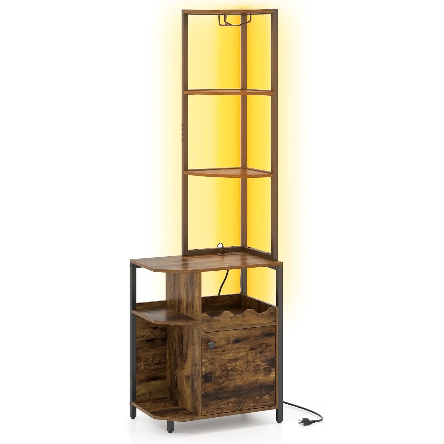 6-Tier Corner Bar Cabinet with LED Lights and Charging Station for Kitchen-Rustic Brown by DirectDeals