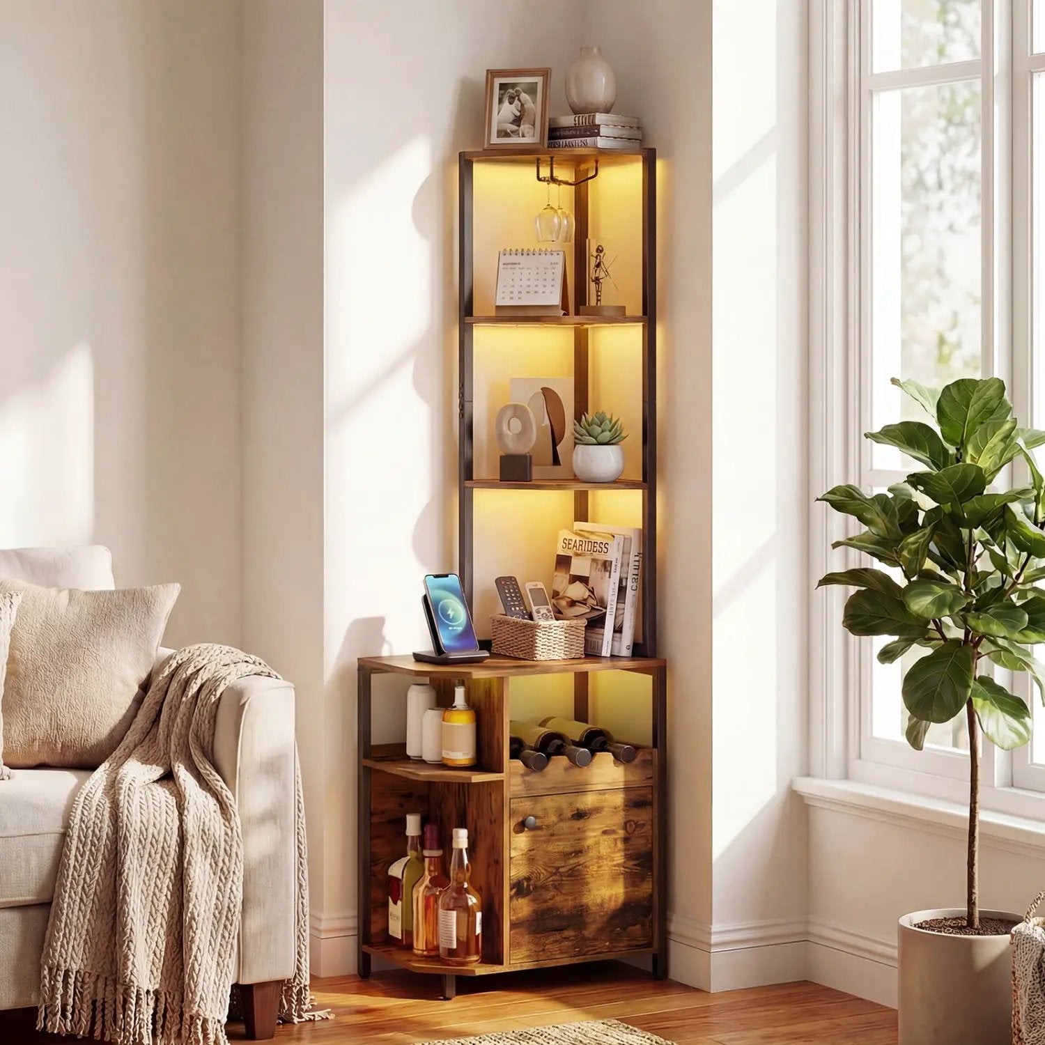 6-Tier Corner Bar Cabinet with LED Lights and Charging Station for Kitchen-Rustic Brown by DirectDeals