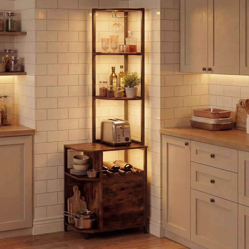 6-Tier Corner Bar Cabinet with LED Lights and Charging Station for Kitchen-Rustic Brown by DirectDeals