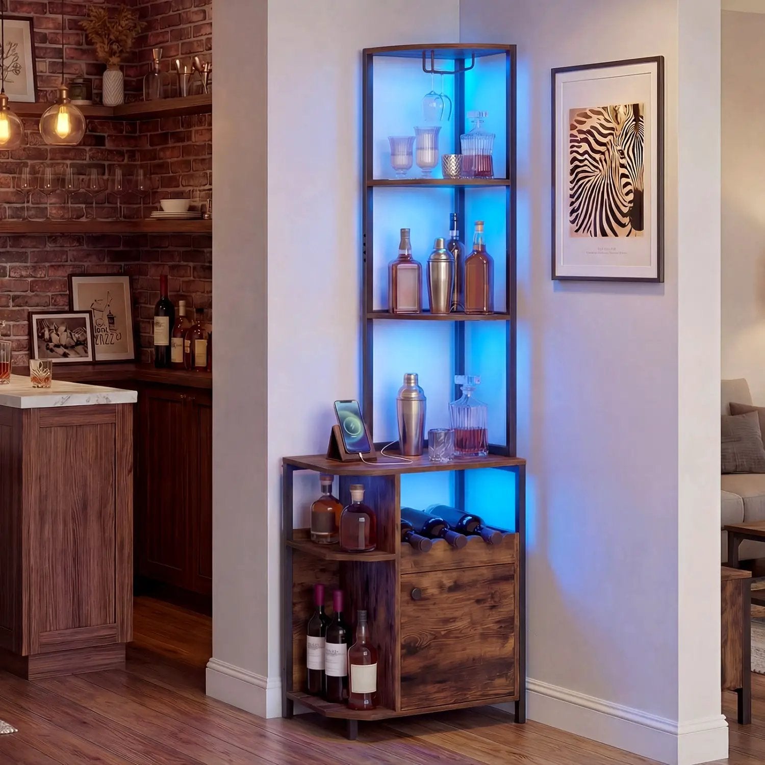 6-Tier Corner Bar Cabinet with LED Lights and Charging Station for Kitchen-Rustic Brown by DirectDeals