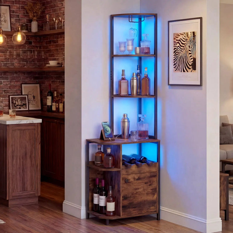 6-Tier Corner Bar Cabinet with LED Lights and Charging Station for Kitchen-Rustic Brown by DirectDeals