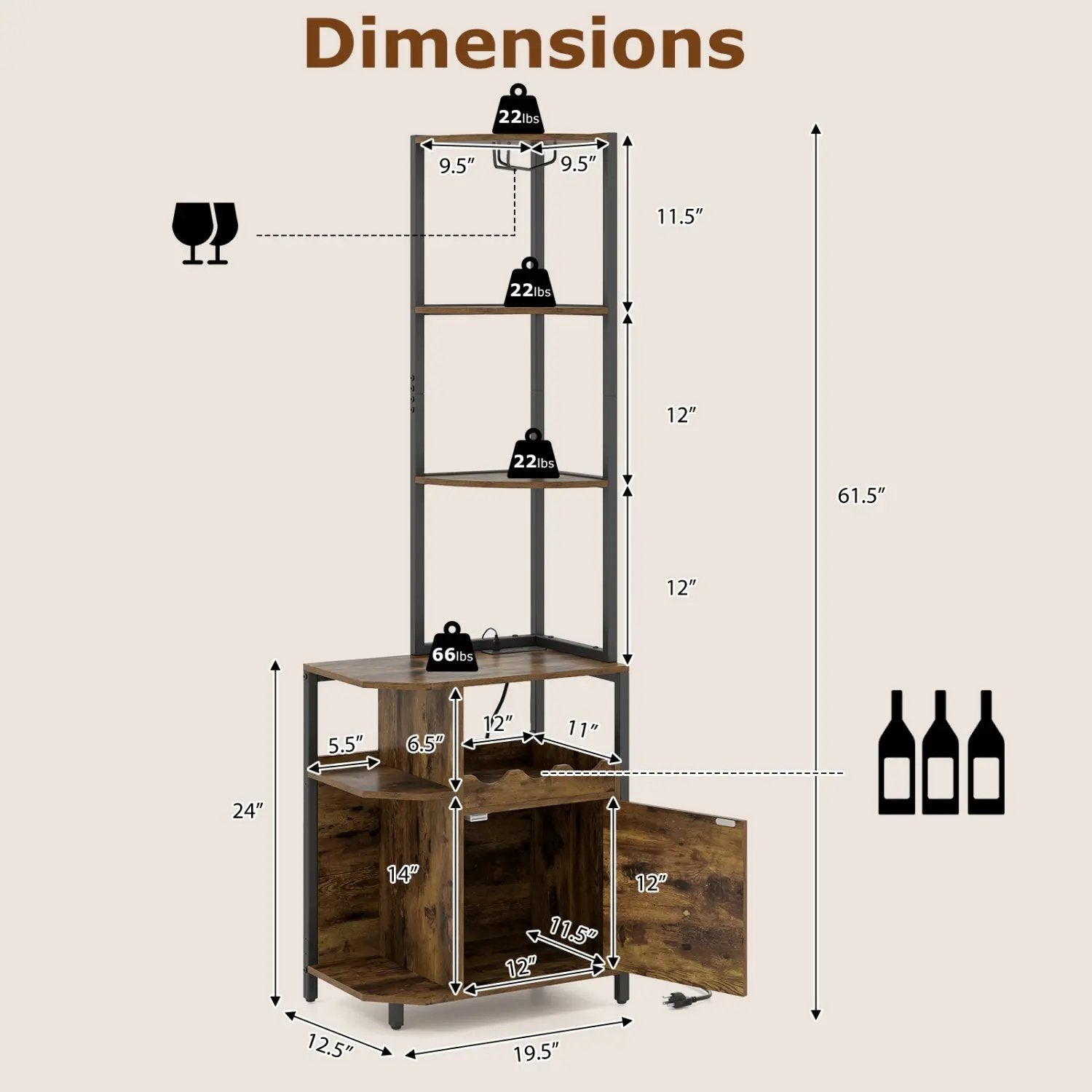 6-Tier Corner Bar Cabinet with LED Lights and Charging Station for Kitchen-Rustic Brown by DirectDeals