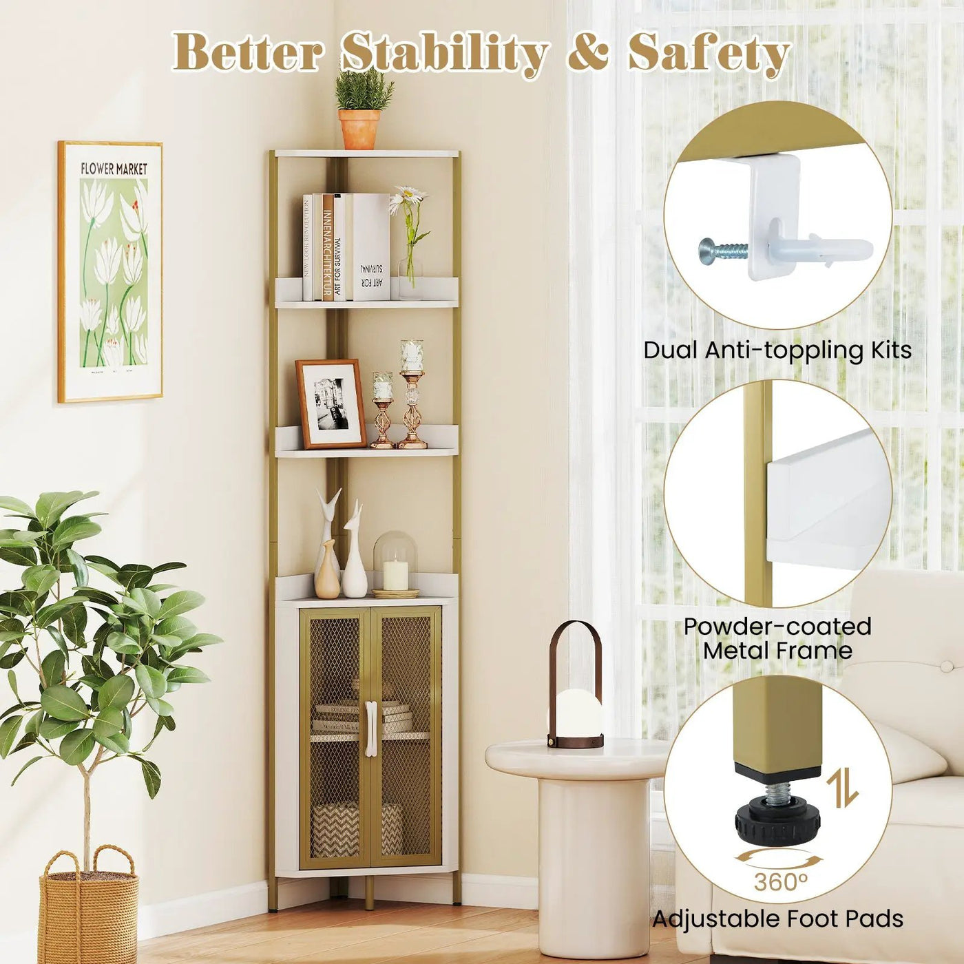 6-Tier Corner Shelf 67 Inches Tall Corner Bookshelf with Cabinet Industrial Bookcase by DirectDeals
