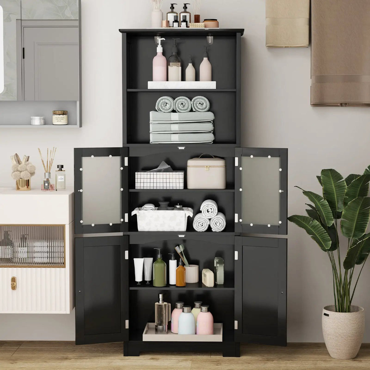 6-Tier Freestanding Bathroom Cabinet with 2 Open Compartments and Adjustable Shelves by DirectDeals