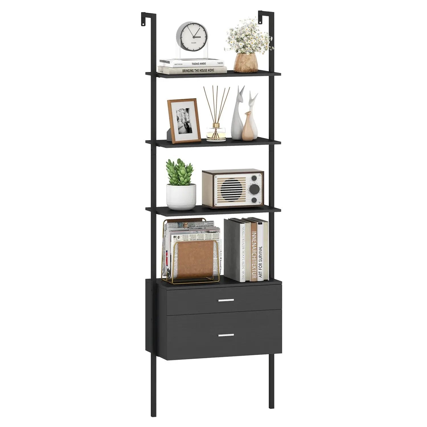 6-Tier Ladder Bookcase with 2 Drawers and Metal Frame-Black by DirectDeals