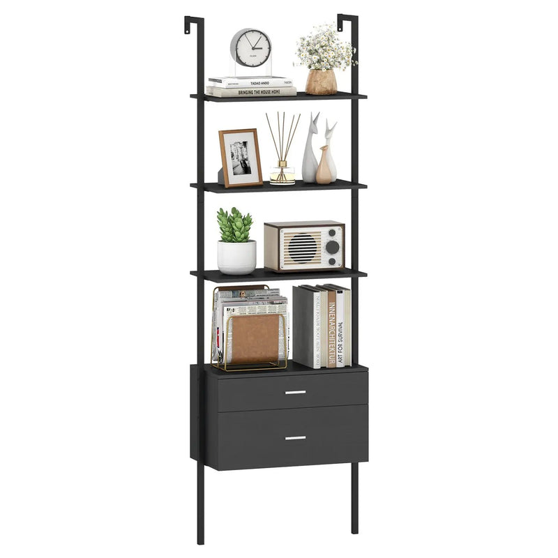 6-Tier Ladder Bookcase with 2 Drawers and Metal Frame-Black by DirectDeals