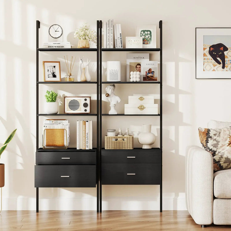 6-Tier Ladder Bookcase with 2 Drawers and Metal Frame-Black by DirectDeals