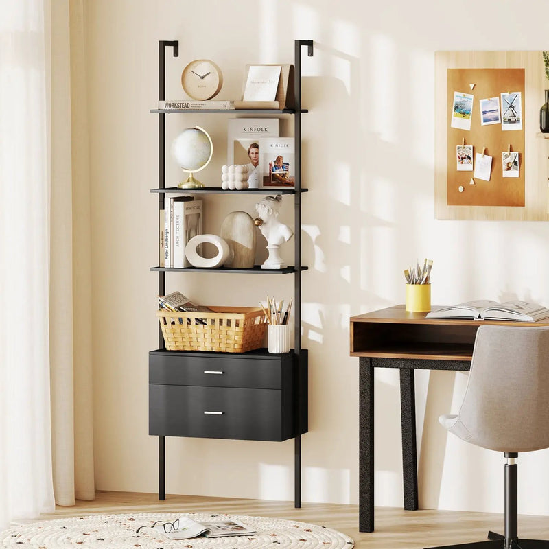 6-Tier Ladder Bookcase with 2 Drawers and Metal Frame-Black by DirectDeals