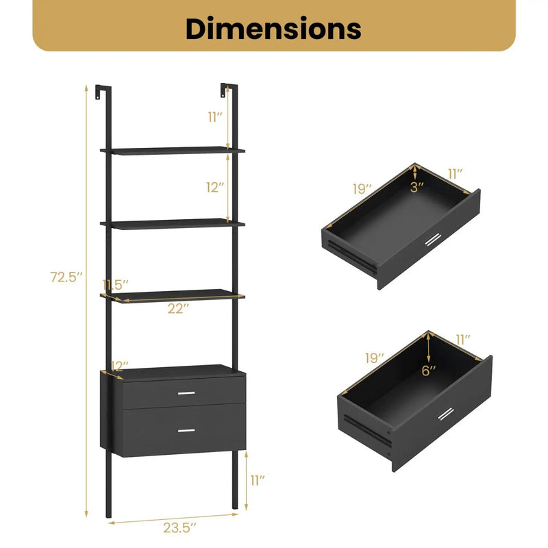 6-Tier Ladder Bookcase with 2 Drawers and Metal Frame-Black by DirectDeals