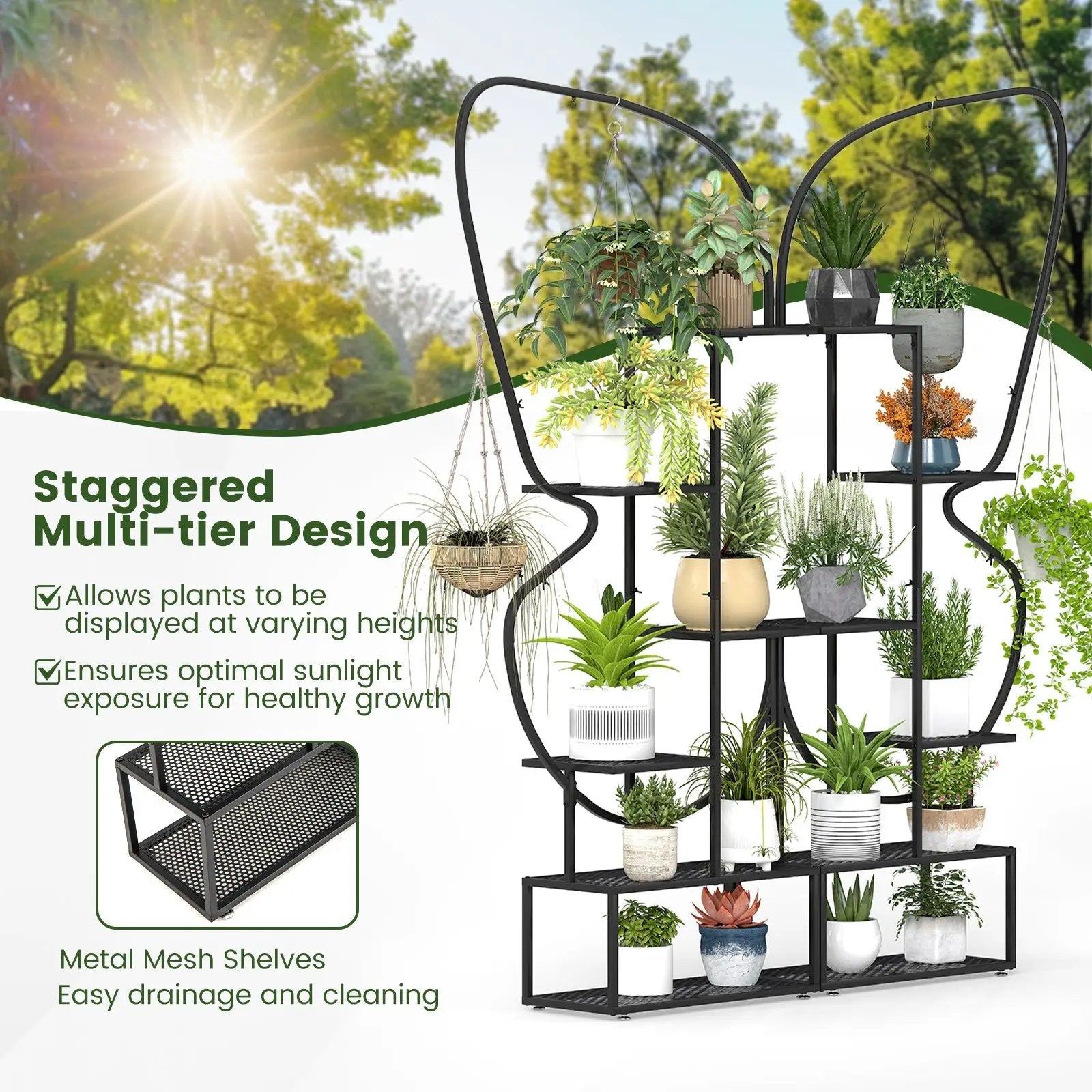 6-Tier Metal Plant Stand Ladder Display Rack with Hanging Hooks-Black by DirectDeals