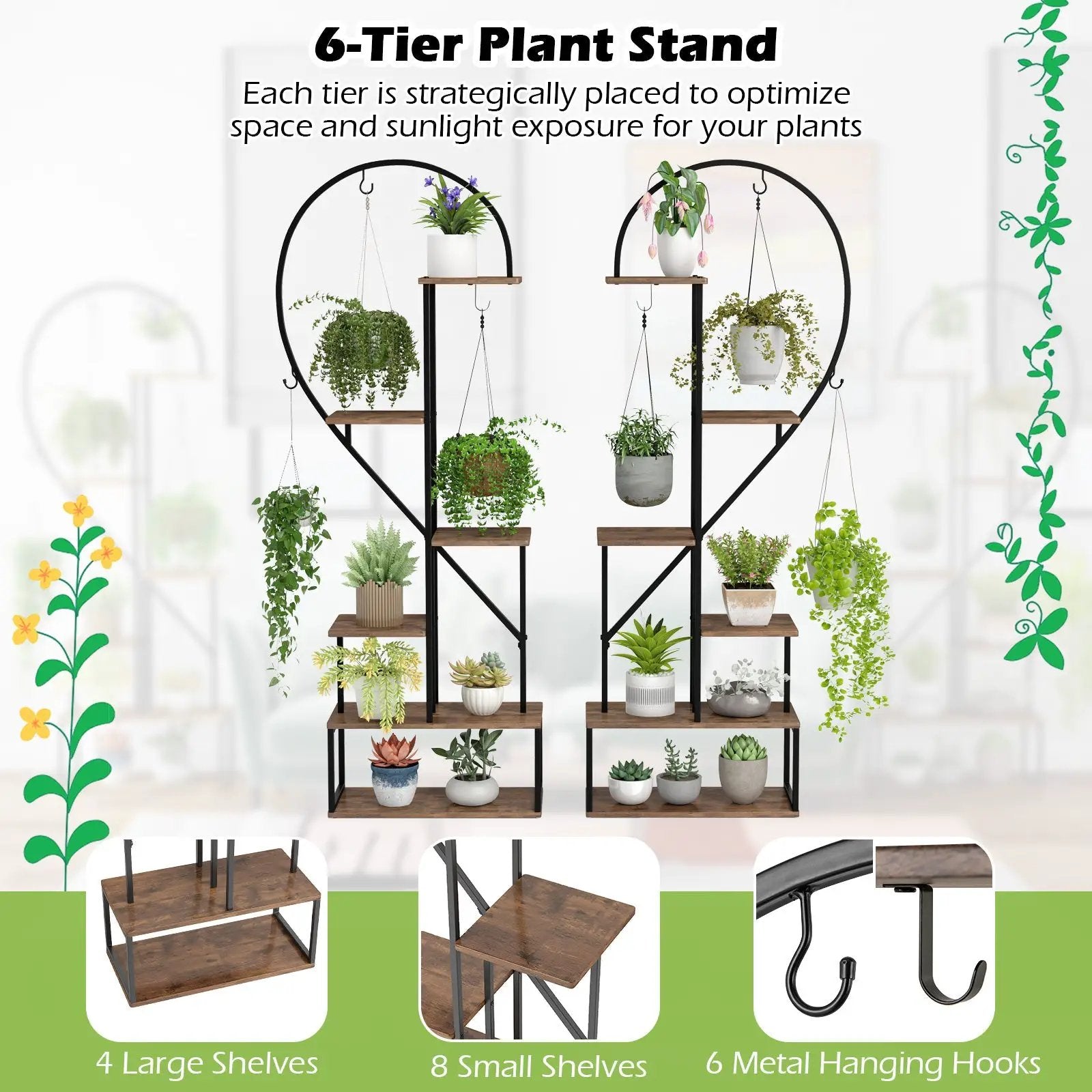 6-Tier Metal Plant Stand 2 Half-Heart-Shape Ladder Plant Shelves-Coffee by DirectDeals