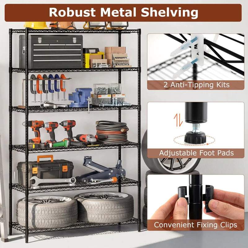 6-Tier Metal Storage Shelving Unit with V-Shaped Wire Rack for Home Garage-Black by DirectDeals
