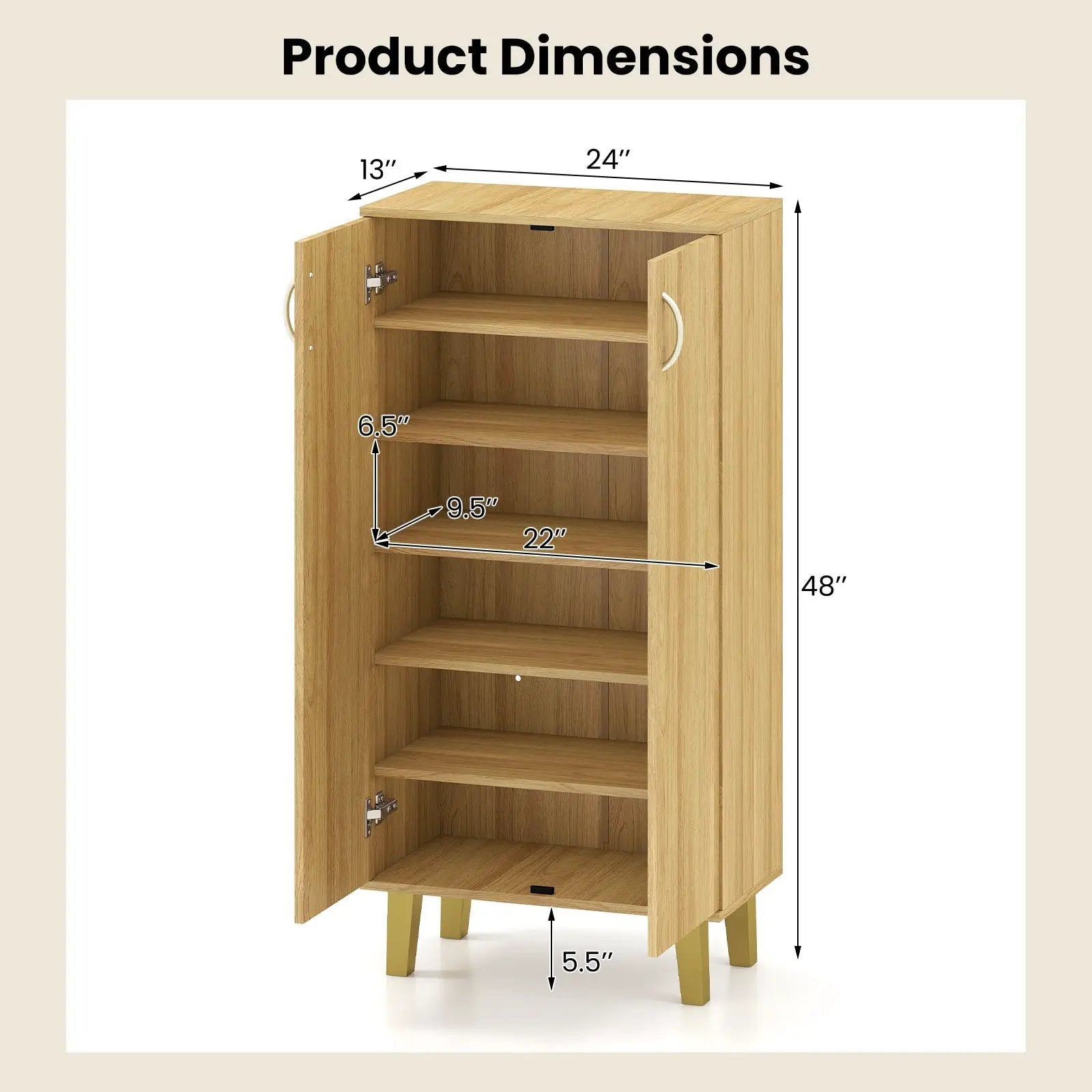 6-Tier Modern Freestanding Wooden Shoe Cabinet with Doors and Removable Shelves-Oak by DirectDeals
