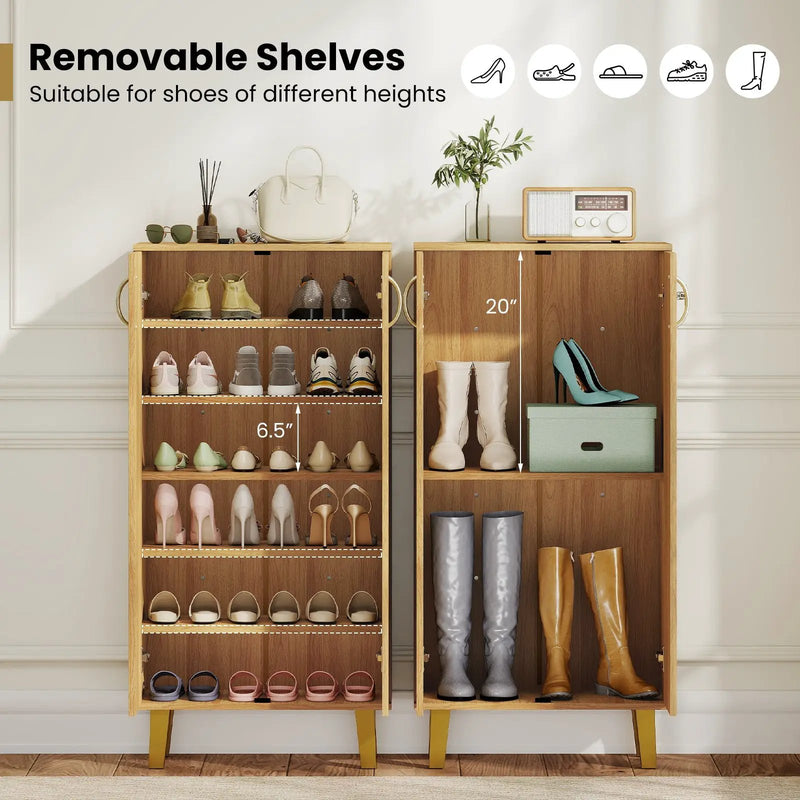 6-Tier Modern Freestanding Wooden Shoe Cabinet with Doors and Removable Shelves-Oak by DirectDeals