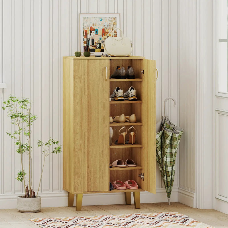 6-Tier Modern Freestanding Wooden Shoe Cabinet with Doors and Removable Shelves-Oak by DirectDeals