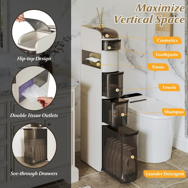5-Tier Narrow Bathroom Storage Cabinet with Drawers and Tissue Box by DirectDeals