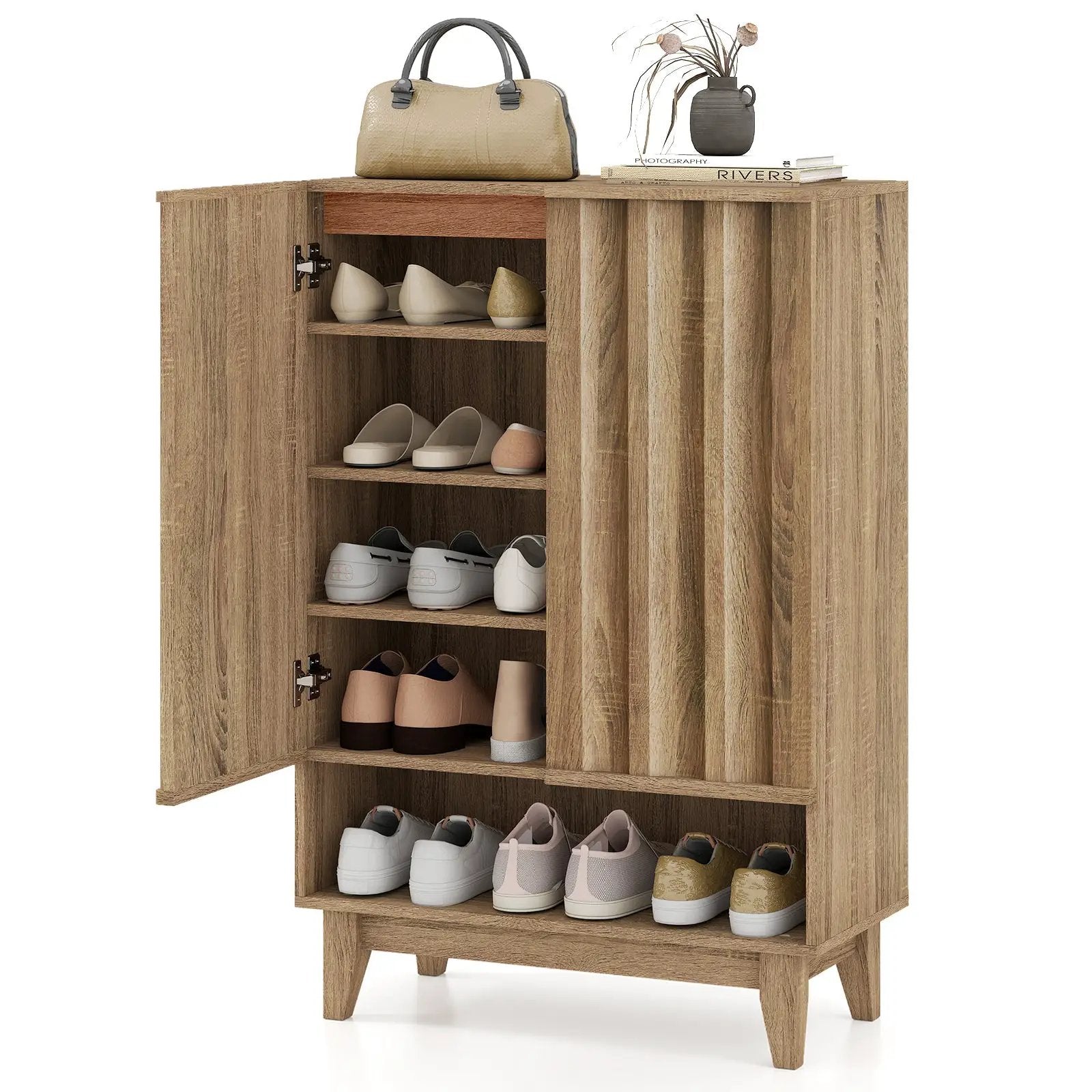 6-Tier Shoe Storage Organizer with 2 Fluted Doors-Oak by DirectDeals