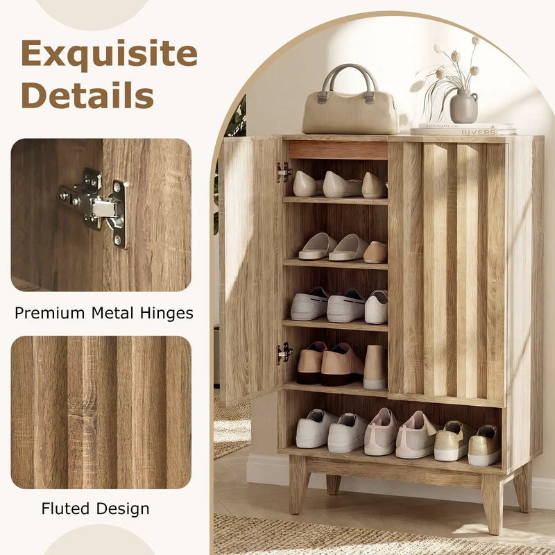 6-Tier Shoe Storage Organizer with 2 Fluted Doors-Oak by DirectDeals