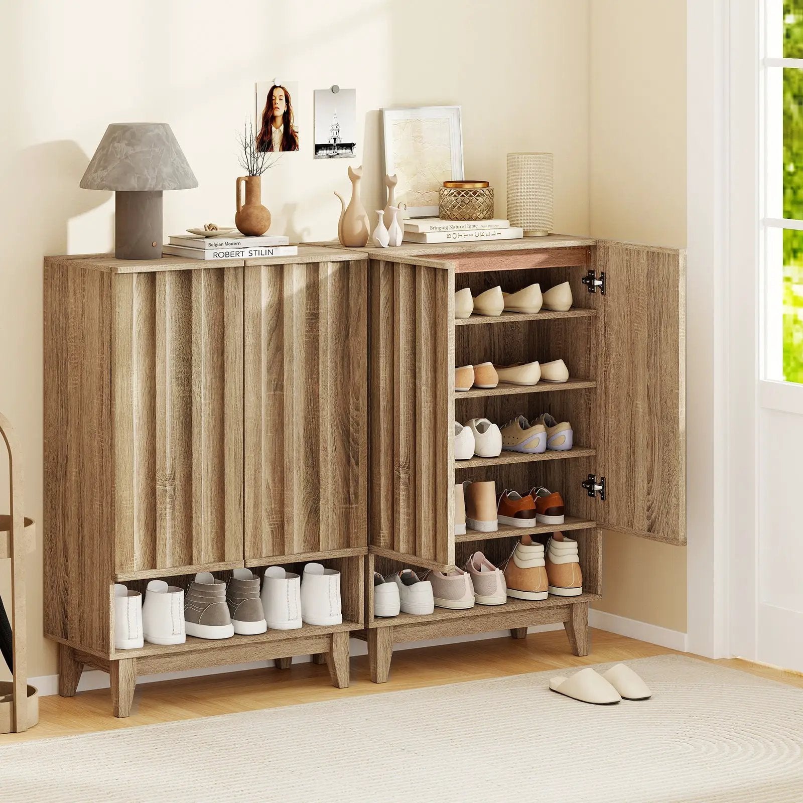 6-Tier Shoe Storage Organizer with 2 Fluted Doors-Oak by DirectDeals