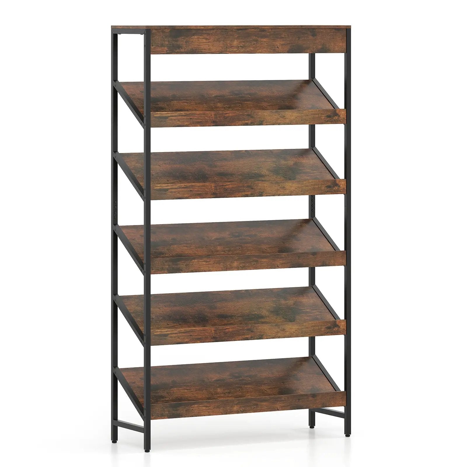 6-Tier Tall Freestanding Bookshelf with Angled Shelves for Home Office-Rustic Brown by DirectDeals